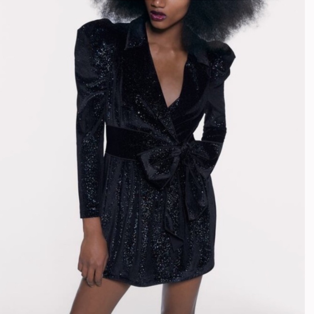 New ZARA Shiny Glittery Velvet Puff Sleeves Blazer Dress With Tie Belt - Picture 6 of 14